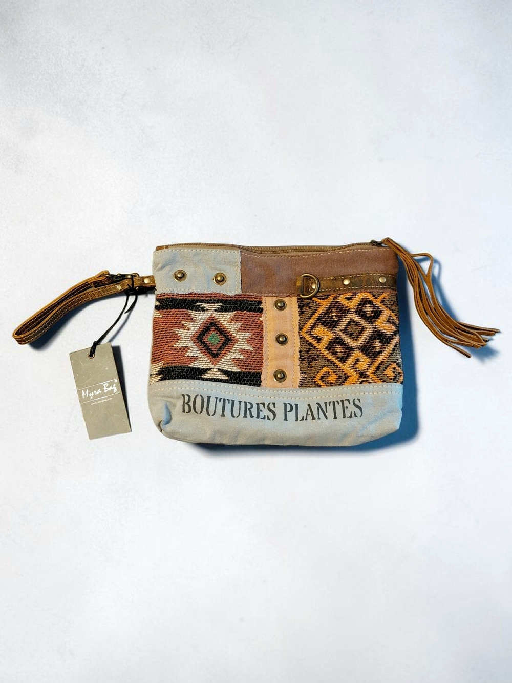 Myra Bag Boutures Plantes Wristlet Clutch NWT Kilim Canvas Leather Fringe Boho